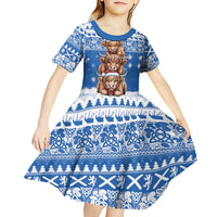 Scotland Highland Cow Christmas Kid Short Sleeve Dress Nollaig Chridheil Blue Winter - Wonder Print Shop
