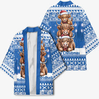 Scotland Highland Cow Christmas Kimono Nollaig Chridheil Blue Winter - Wonder Print Shop