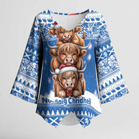 Scotland Highland Cow Christmas Kimono Sleeve Blouse Nollaig Chridheil Blue Winter - Wonder Print Shop