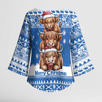 Scotland Highland Cow Christmas Kimono Sleeve Blouse Nollaig Chridheil Blue Winter - Wonder Print Shop