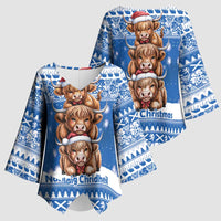 Scotland Highland Cow Christmas Kimono Sleeve Blouse Nollaig Chridheil Blue Winter - Wonder Print Shop