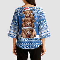 Scotland Highland Cow Christmas Kimono Sleeve Blouse Nollaig Chridheil Blue Winter - Wonder Print Shop