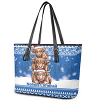 Scotland Highland Cow Christmas Leather Tote Bag Nollaig Chridheil Blue Winter - Wonder Print Shop