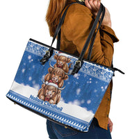 Scotland Highland Cow Christmas Leather Tote Bag Nollaig Chridheil Blue Winter - Wonder Print Shop