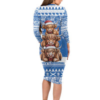 Scotland Highland Cow Christmas Long Sleeve Bodycon Dress Nollaig Chridheil Blue Winter - Wonder Print Shop