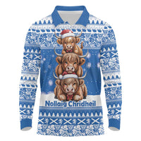 Scotland Highland Cow Christmas Long Sleeve Polo Shirt Nollaig Chridheil Blue Winter - Wonder Print Shop