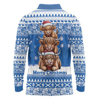 Scotland Highland Cow Christmas Long Sleeve Polo Shirt Nollaig Chridheil Blue Winter - Wonder Print Shop