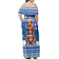 Scotland Highland Cow Christmas Off Shoulder Maxi Dress Nollaig Chridheil Blue Winter - Wonder Print Shop