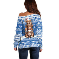 Scotland Highland Cow Christmas Off Shoulder Sweater Nollaig Chridheil Blue Winter - Wonder Print Shop