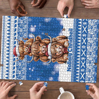 Scotland Highland Cow Christmas Puzzle Nollaig Chridheil Blue Winter - Wonder Print Shop