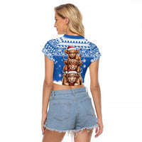 Scotland Highland Cow Christmas Raglan Cropped T Shirt Nollaig Chridheil Blue Winter - Wonder Print Shop