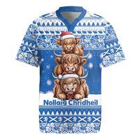Scotland Highland Cow Christmas Rugby Jersey Nollaig Chridheil Blue Winter - Wonder Print Shop