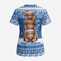 Scotland Highland Cow Christmas Scrub Top Nollaig Chridheil Blue Winter - Wonder Print Shop