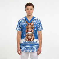 Scotland Highland Cow Christmas Scrub Top Nollaig Chridheil Blue Winter - Wonder Print Shop