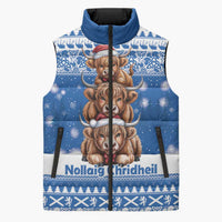 Scotland Highland Cow Christmas Sleeveless Puffer Jacket Nollaig Chridheil Blue Winter - Wonder Print Shop