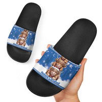 Scotland Highland Cow Christmas Slide Sandals Nollaig Chridheil Blue Winter - Wonder Print Shop