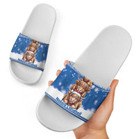 Scotland Highland Cow Christmas Slide Sandals Nollaig Chridheil Blue Winter - Wonder Print Shop