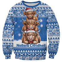 Scotland Highland Cow Christmas Sweatshirt Nollaig Chridheil Blue Winter - Wonder Print Shop