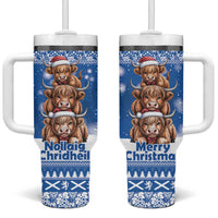 Scotland Highland Cow Christmas Tumbler With Handle Nollaig Chridheil Blue Winter - Wonder Print Shop