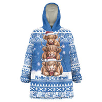 Scotland Highland Cow Christmas Wearable Blanket Hoodie Nollaig Chridheil Blue Winter - Wonder Print Shop