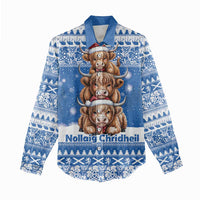 Scotland Highland Cow Christmas Women Casual Shirt Nollaig Chridheil Blue Winter - Wonder Print Shop