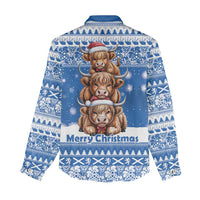 Scotland Highland Cow Christmas Women Casual Shirt Nollaig Chridheil Blue Winter - Wonder Print Shop
