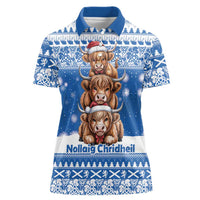 Scotland Highland Cow Christmas Women Polo Shirt Nollaig Chridheil Blue Winter - Wonder Print Shop