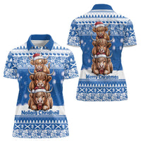 Scotland Highland Cow Christmas Women Polo Shirt Nollaig Chridheil Blue Winter - Wonder Print Shop