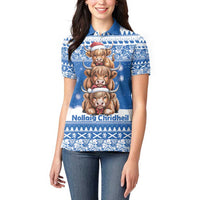 Scotland Highland Cow Christmas Women Polo Shirt Nollaig Chridheil Blue Winter - Wonder Print Shop