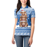 Scotland Highland Cow Christmas Women Polo Shirt Nollaig Chridheil Blue Winter - Wonder Print Shop