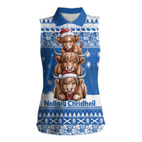 Scotland Highland Cow Christmas Women Sleeveless Polo Shirt Nollaig Chridheil Blue Winter - Wonder Print Shop