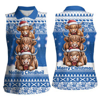 Scotland Highland Cow Christmas Women Sleeveless Polo Shirt Nollaig Chridheil Blue Winter - Wonder Print Shop