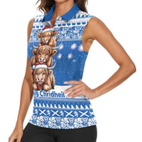 Scotland Highland Cow Christmas Women Sleeveless Polo Shirt Nollaig Chridheil Blue Winter - Wonder Print Shop