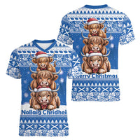 Scotland Highland Cow Christmas Women V-Neck T-Shirt Nollaig Chridheil Blue Winter - Wonder Print Shop