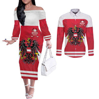 Custom Austria Hockey Couples Matching Off The Shoulder Long Sleeve Dress and Long Sleeve Button Shirt Die Adler Go Champions