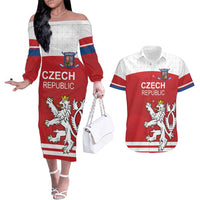Custom Czech Republic Hockey Couples Matching Off The Shoulder Long Sleeve Dress and Hawaiian Shirt Czech Lion