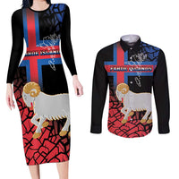 Personalized Faroe Islands Couples Matching Long Sleeve Bodycon Dress and Long Sleeve Button Shirt Coat Of Arms Flag Style