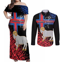 Personalized Faroe Islands Couples Matching Off Shoulder Maxi Dress and Long Sleeve Button Shirt Coat Of Arms Flag Style