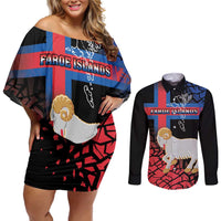 Personalized Faroe Islands Couples Matching Off Shoulder Short Dress and Long Sleeve Button Shirt Coat Of Arms Flag Style