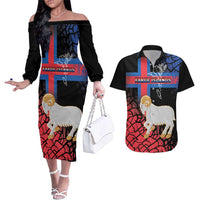 Personalized Faroe Islands Couples Matching Off The Shoulder Long Sleeve Dress and Hawaiian Shirt Coat Of Arms Flag Style