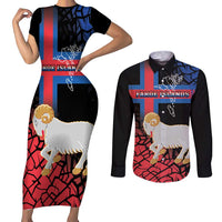 Personalized Faroe Islands Couples Matching Short Sleeve Bodycon Dress and Long Sleeve Button Shirt Coat Of Arms Flag Style