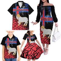 Personalized Faroe Islands Family Matching Off The Shoulder Long Sleeve Dress and Hawaiian Shirt Coat Of Arms Flag Style