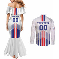 Custom Faroe Islands Football Couples Matching Mermaid Dress and Long Sleeve Button Shirt Go Champion White Version