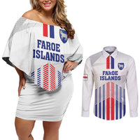 Custom Faroe Islands Football Couples Matching Off Shoulder Short Dress and Long Sleeve Button Shirt Go Champion White Version