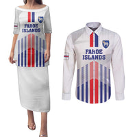 Custom Faroe Islands Football Couples Matching Puletasi and Long Sleeve Button Shirt Go Champion White Version