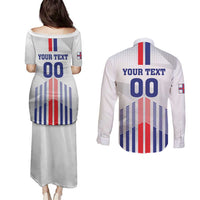 Custom Faroe Islands Football Couples Matching Puletasi and Long Sleeve Button Shirt Go Champion White Version