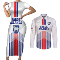 Custom Faroe Islands Football Couples Matching Short Sleeve Bodycon Dress and Long Sleeve Button Shirt Go Champion White Version
