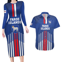 Custom Faroe Islands Football Couples Matching Long Sleeve Bodycon Dress and Hawaiian Shirt Go Champion Blue Version