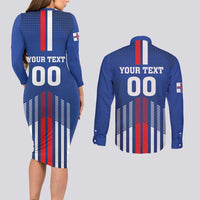 Custom Faroe Islands Football Couples Matching Long Sleeve Bodycon Dress and Long Sleeve Button Shirt Go Champion Blue Version