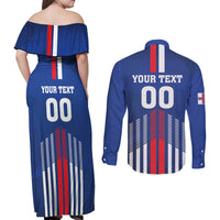 Custom Faroe Islands Football Couples Matching Off Shoulder Maxi Dress and Long Sleeve Button Shirt Go Champion Blue Version